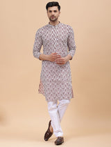 Men Off White & Maroon Pure Cotton Printed Straight Kurta With pyjama