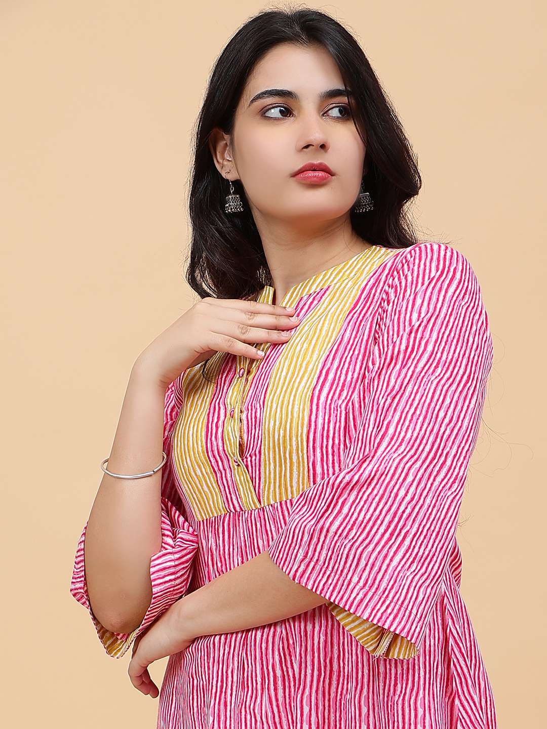 Women Pink And Mustard Printed Cotton Kurti