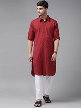 Men Maroon Regular Pure Cotton Pathani Printed Men's Kurta