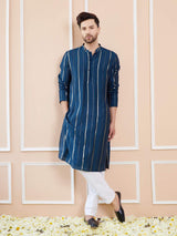 Men Deep Midnight Blue with Gold Stripes Chanderi Silk Sequins Kurta With Pajama