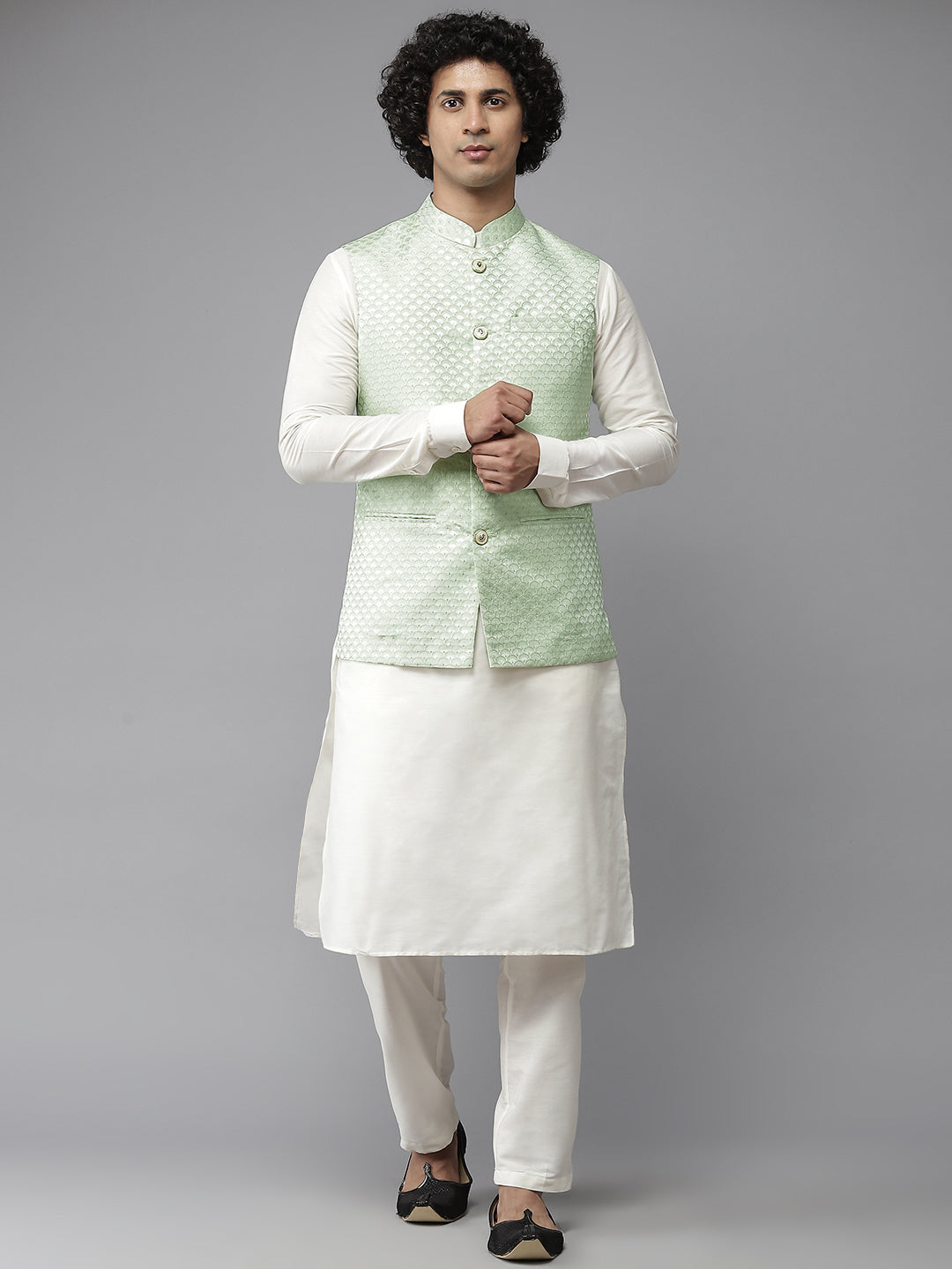 Riwaat.com Men Sap green & White Solid Kurta Pajama With Nehru Jacket Riwaat Indo Western Mehendi