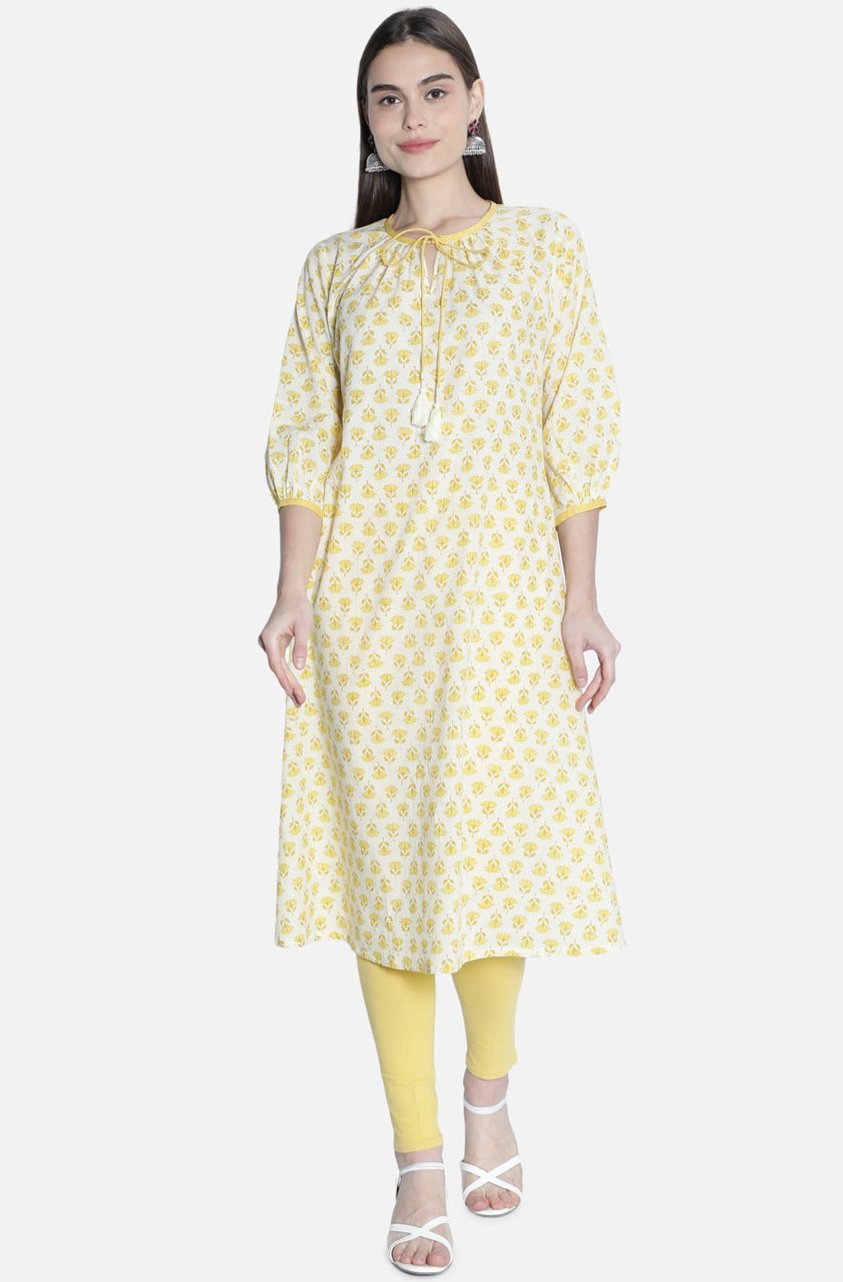 Women Off White And Yellow Printed Kurti