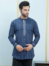 Men Blue & White Azure Zigzag Printed Cotton Short Kurta