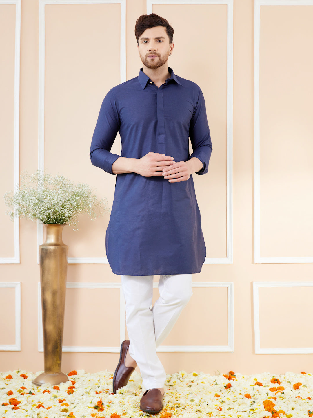 Men Navy Blue Cotton Solid Pathani Kurta with Pyjama