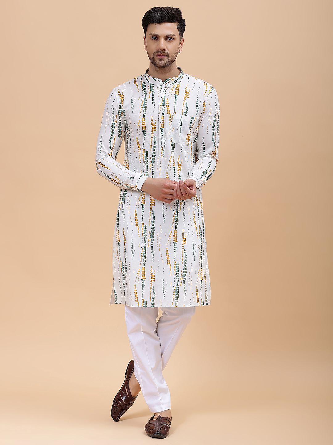 Men White & Mustard Pure Cotton Printed Straight Kurta With Pajama