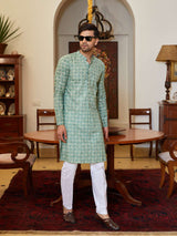 Men Green And White Cotton Leaf Print Straight Kurta With Pajama