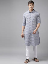 Men Light Grey Regular Pure Cotton Pathani Printed Men's Kurta