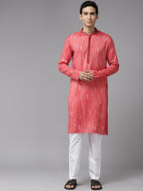 Men Crimson Red with Subtle White Accents Silk Woven Design Straight Kurta With Pajama