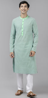 Men Green & White Printed Pure Cotton Straight Kurta