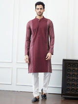 Riwaat.com Men Maroon & Gold Thread Work Embroidery Cotton Silk Kurta Riwaat Embroidered