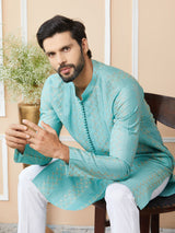 Ice Green Embroidered Thread Work Sequinsed Chanderi Silk Straight Kurta with Pyjama