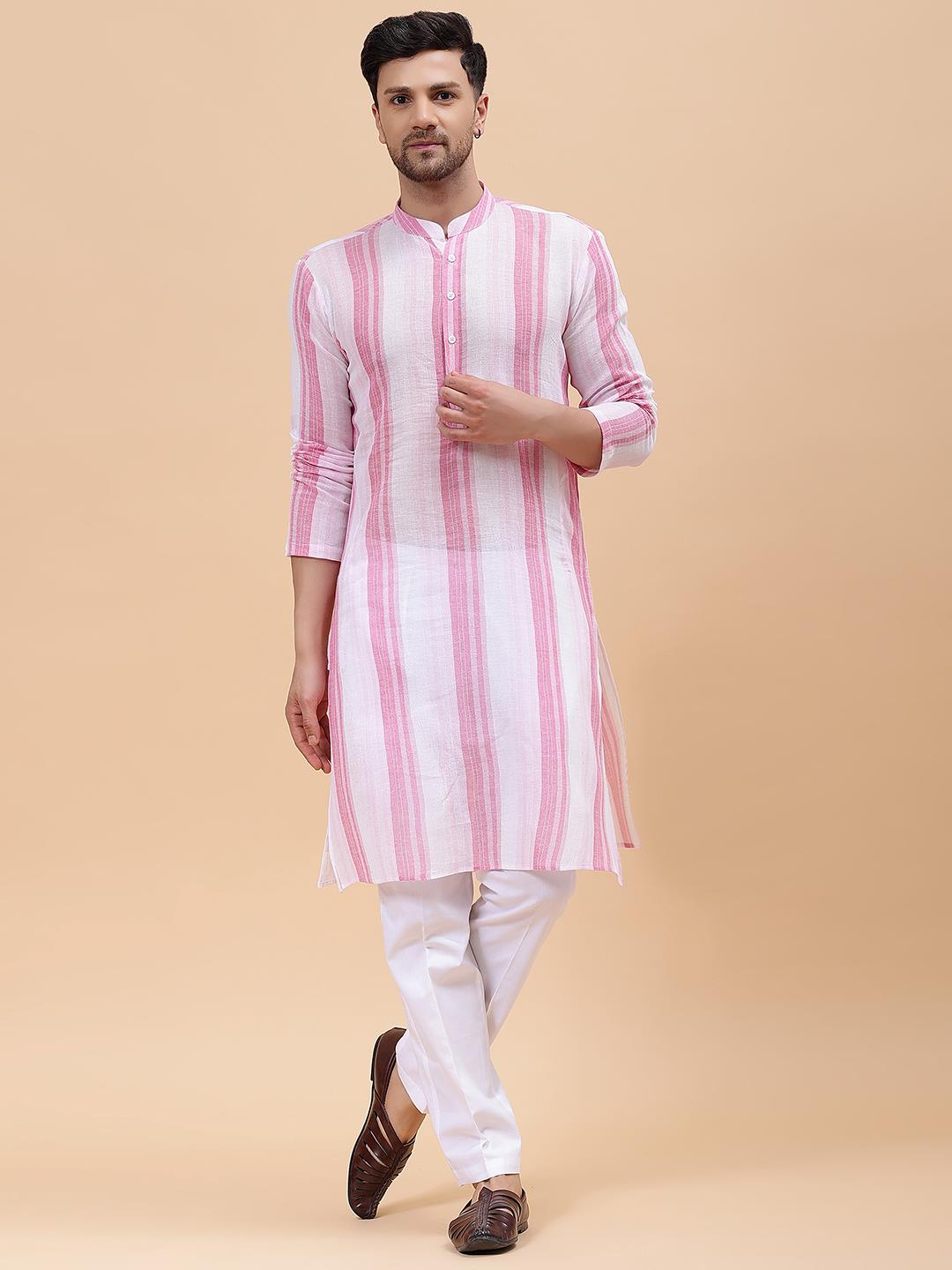 Men White & Pink Pure Cotton Printed Straight Kurta