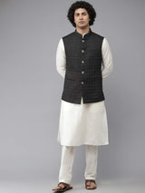 Men Black & White Solid Kurta Pajama With Nehru Jacket