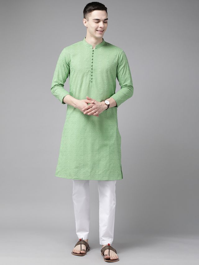 Men Green Pure Cotton Chikankari Embroidered Straight Kurta With Pyjama
