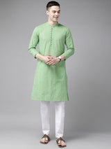 Men Green Pure Cotton Chikankari Embroidered Straight Kurta With Pyjama