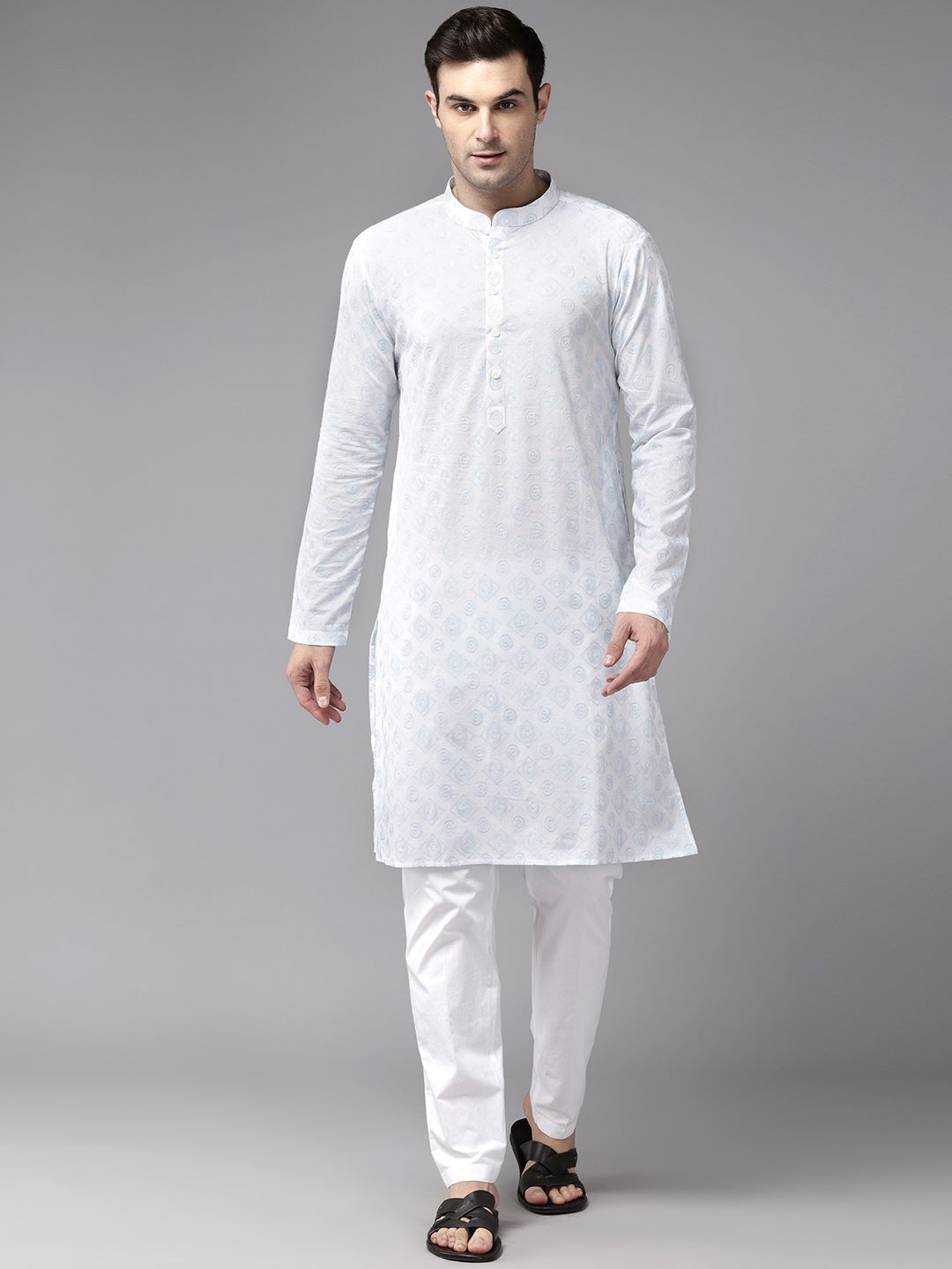 Men White with Light Blue Pattern Pure Cotton Embroidered Straight Kurta With Pajama