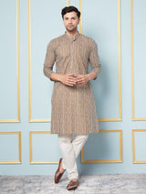 Men Brown and White Printed Kurta With pyjama