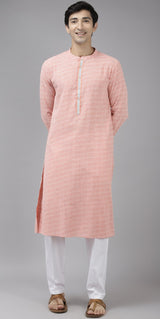 Men Peach & White Printed Pure Cotton Straight Kurta