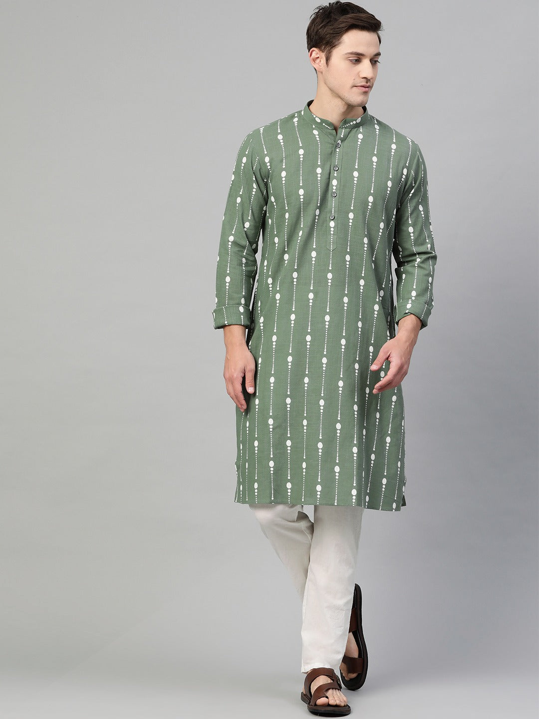 Riwaat.com Men Green & White Printed Straight Kurta Riwaat Bundi Mehendi Printed