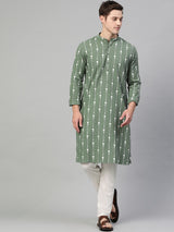 Riwaat.com Men Green & White Printed Straight Kurta Riwaat Bundi Mehendi Printed