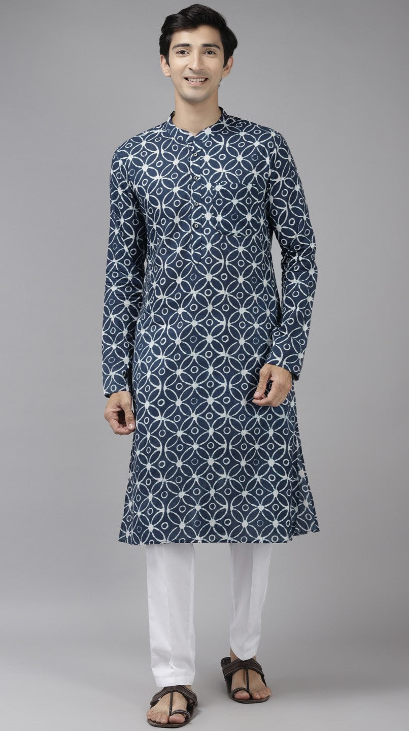 Men Blue Elegance Ethinica Printed Straight Kurta