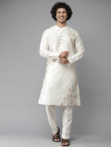 Men Ivory with Rust and Grey Embroidery Cotton Silk Straight Kurta With Pajama