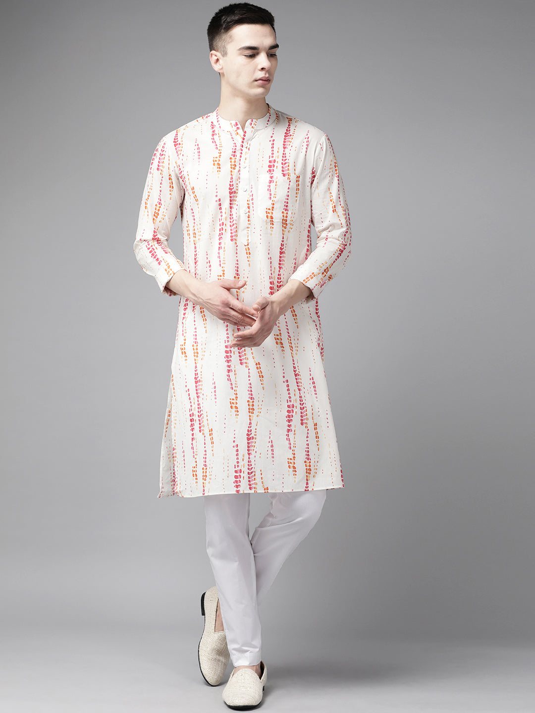 Men White Multi Tie and dye Print Design Straight Kurta With Pajama