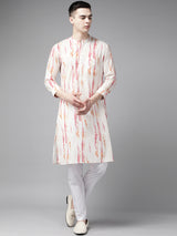 Men White Multi Tie and dye Print Design Straight Kurta With Pajama