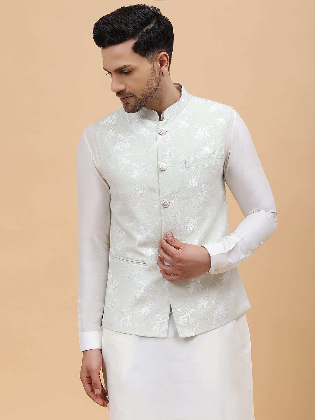 Riwaat.com Men Off White Kurta Pajama & Green Woven Design Jacquard Nehru jacket Riwaat Indo Western Mehendi