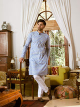 Men Sky Blue And White Cotton Leaf Print Straight Kurta With Pajama