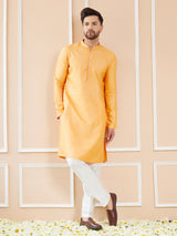 Peach Orange Chanderi Silk Straight Kurta with Embroidered Neckline & Pyjama