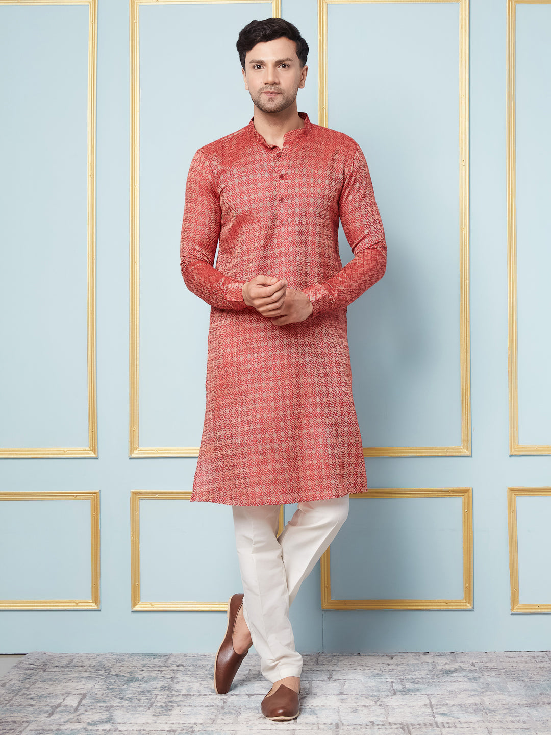 Men Red & Gold Woven Design Thread Work Kurta With pyjama