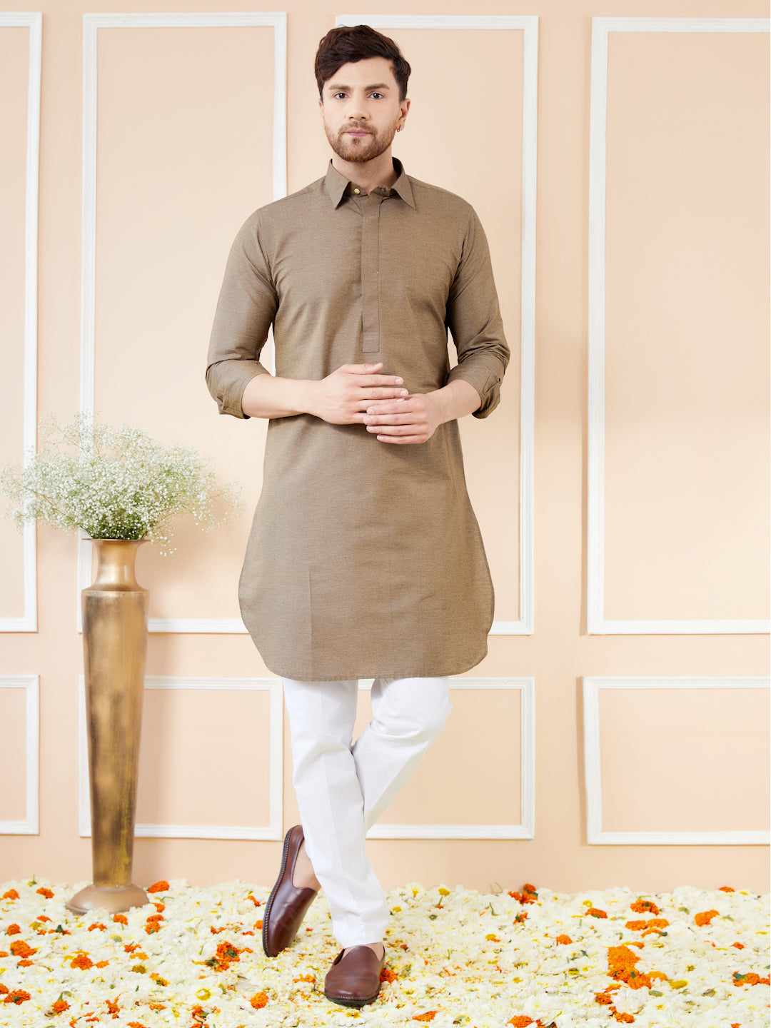 Men Brown Cotton Solid Pathani Kurta with Pyjama