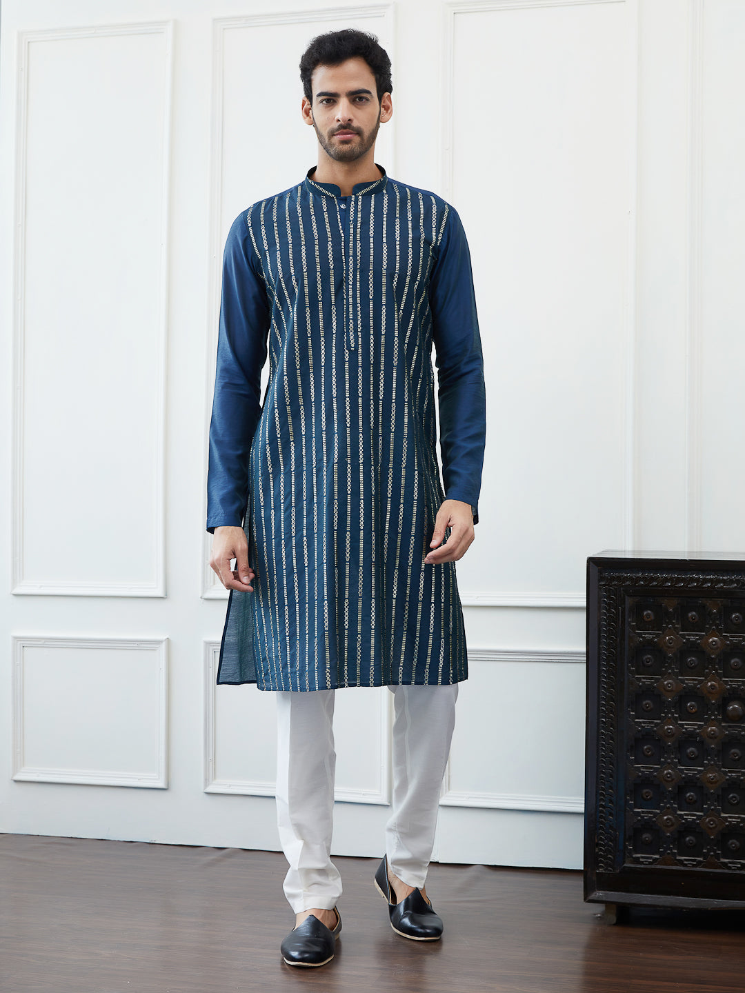 Riwaat.com Men Teal & Gold Sequence Striped Cotton Kurta Riwaat Embroidered