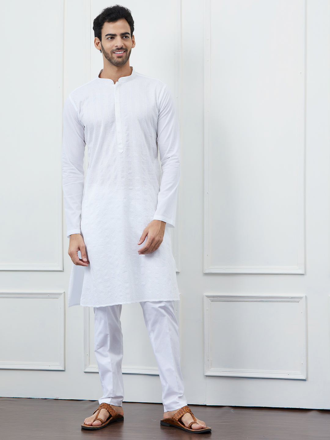 Men Ivory White with Sequence Thread Work Kurta and Pajama