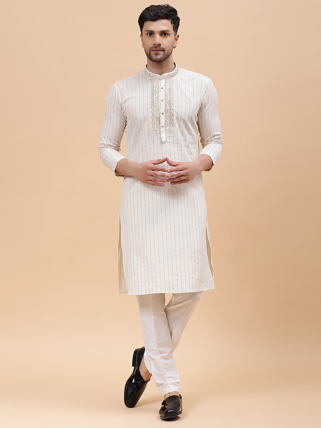 Men Beige & Gold Silk Woven Design Straight Kurta With pyjama