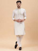 Men Beige & Gold Silk Woven Design Straight Kurta With pyjama