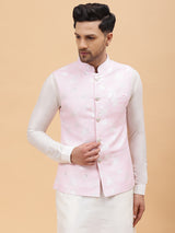 Men Pink & Gold Woven Design Jacquard Nehru Jacket