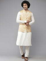 Riwaat.com Men White Solid Kurta Pajama With Golden Weave Nehru jacket Riwaat Indo Western