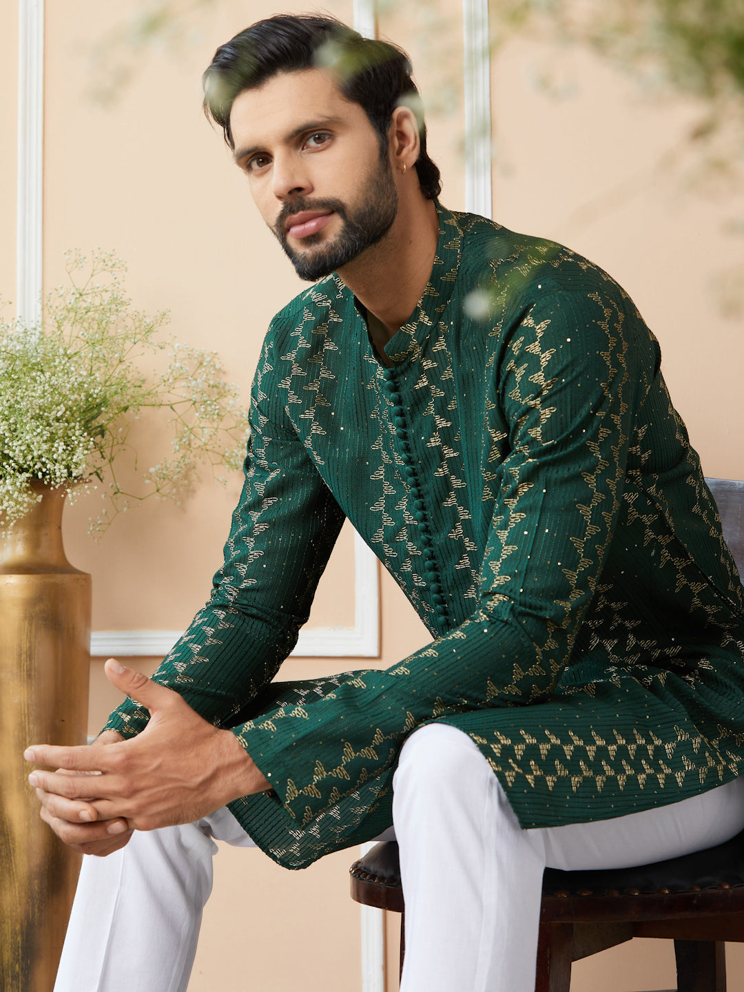 Green Embroidered Thread Work Sequinsed Chanderi Silk Straight Kurta with Pyjama