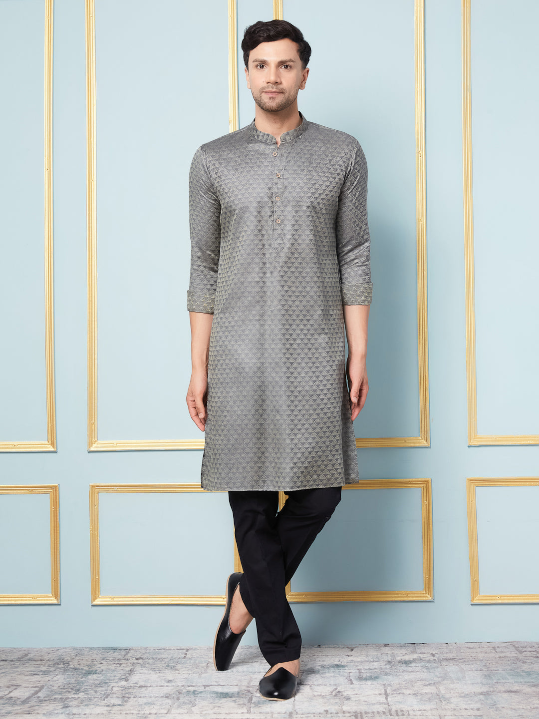 Men Charcoal & Gold Woven Design Thread Work Kurta With pyjama