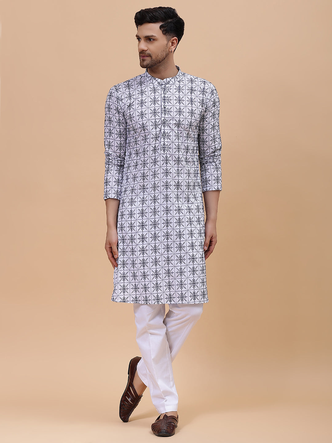Men Off White & Blue Pure Cotton Embroidered Straight Kurta With pyjama