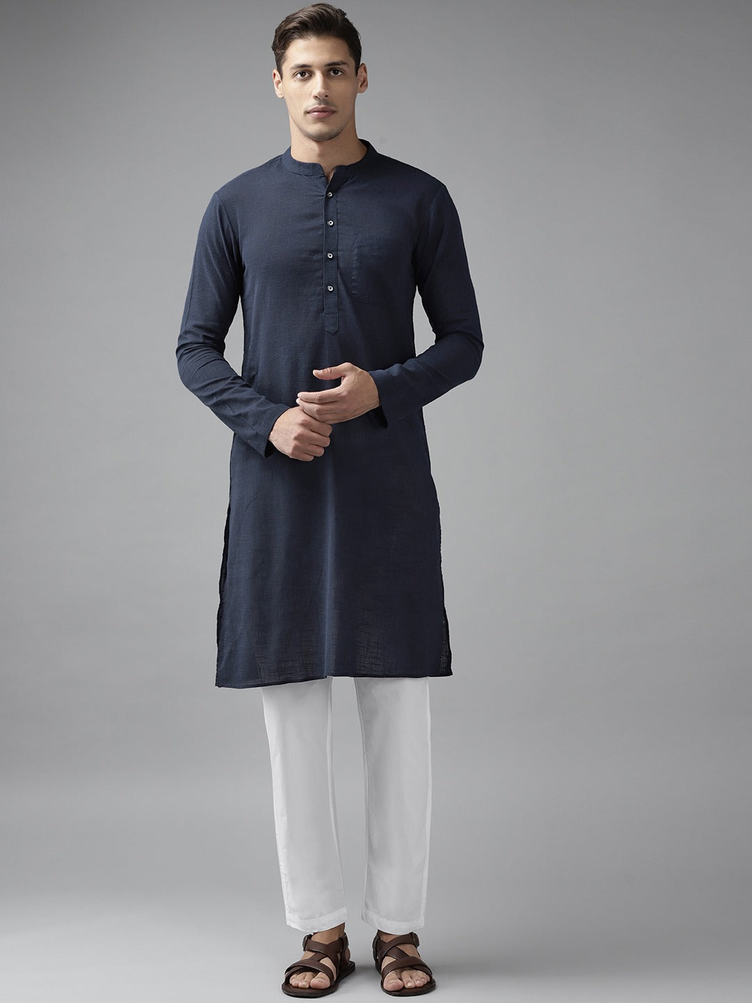 Men Blue Cotton Straight Kurta with Slub Effect With Pajama