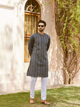 Men Navy Blue with Stripes Pintex Design Sequins Cotton Kurta with Pajama