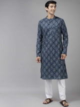 Men Blue & Charcoal Printed Straight Kurta With Pajama