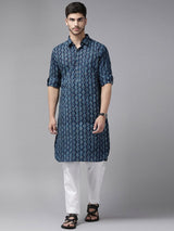 Men Indigo Regular Pure Cotton Pathani Printed Men's Kurta