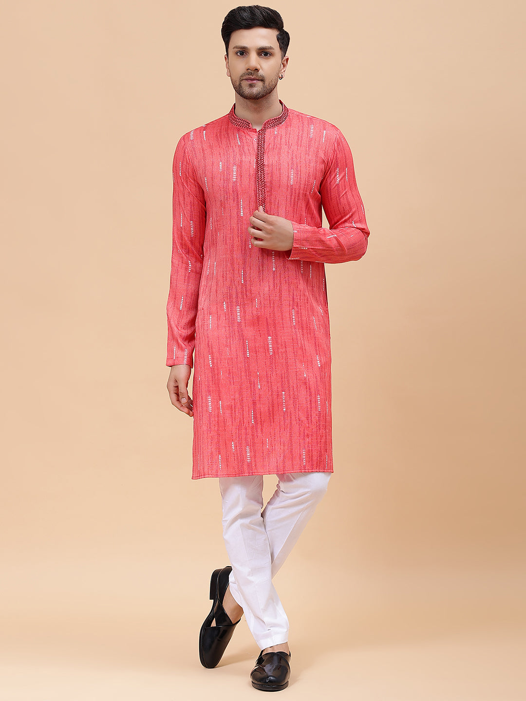 Riwaat.com Men Pink & White Silk Woven Design Straight Kurta Riwaat Silk Woven Design