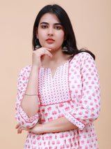 Women Soft Pink and White Floral Yoke Design Embroidery Cotton Kurti