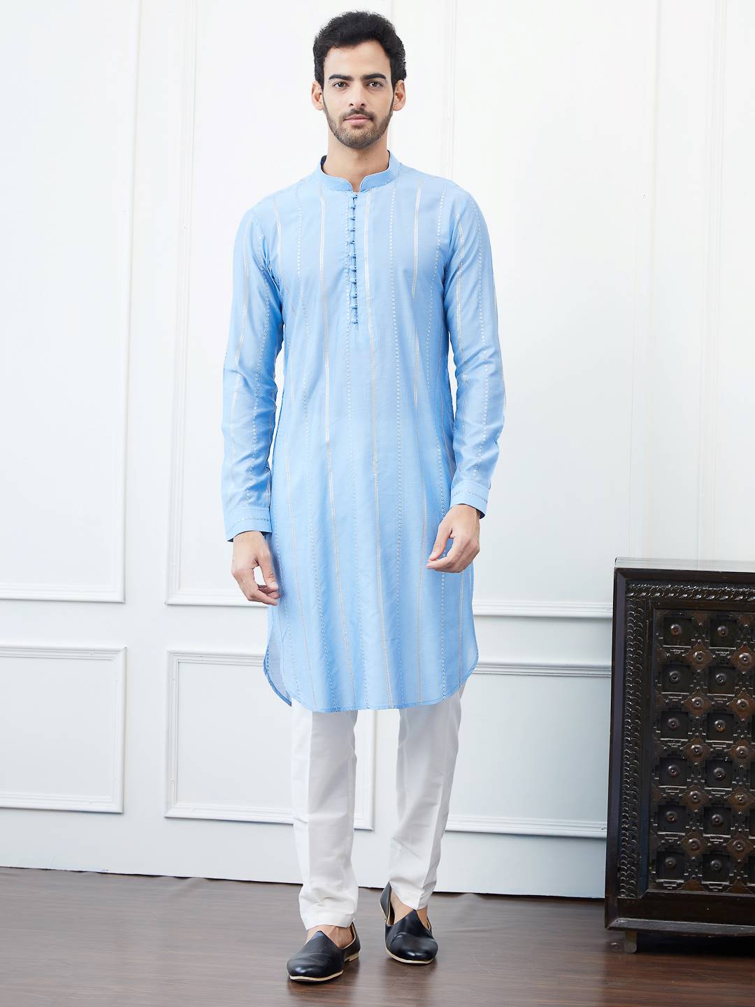 Men Turquoise Blue with Silver Stripes Cotton Kurta Set