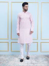 Riwaat.com Men White & Red Chikankari Embroidered Cotton Kurta Riwaat Chikankari Cotton Embroidered